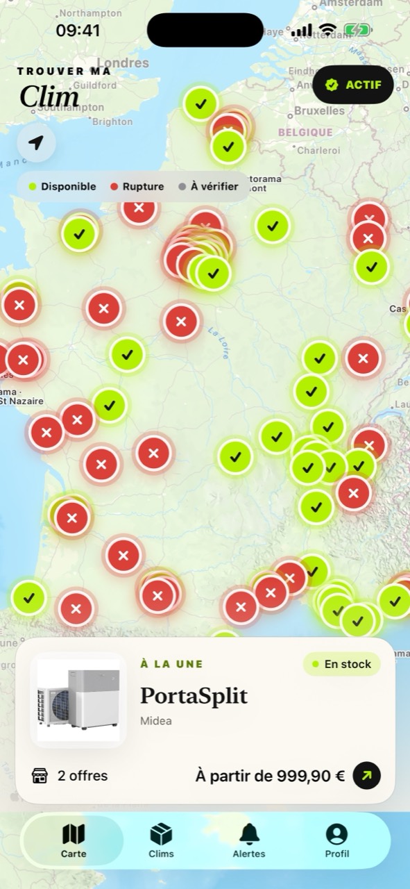 Carte TrouverMaClim affichant les magasins avec un climatiseur disponible en vert et les ruptures de stock en rouge en France