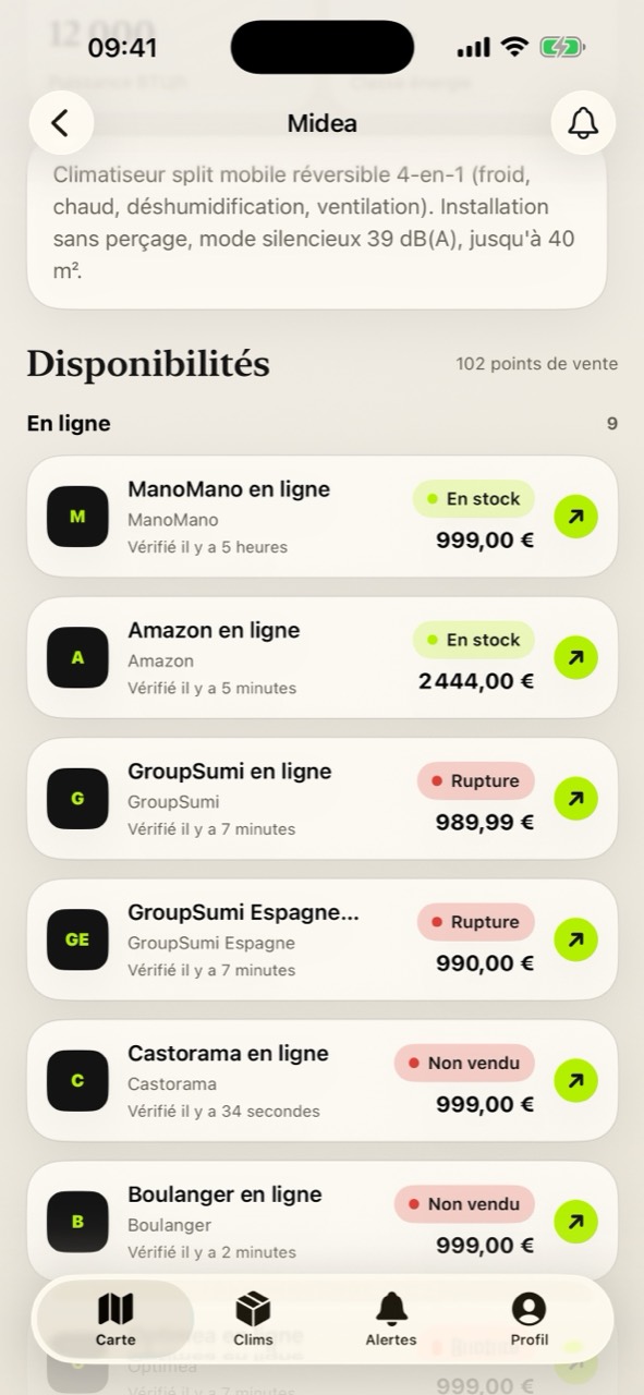 Liste des stocks et prix du Midea PortaSplit chez ManoMano, Amazon, GroupSumi, Castorama et Boulanger dans TrouverMaClim