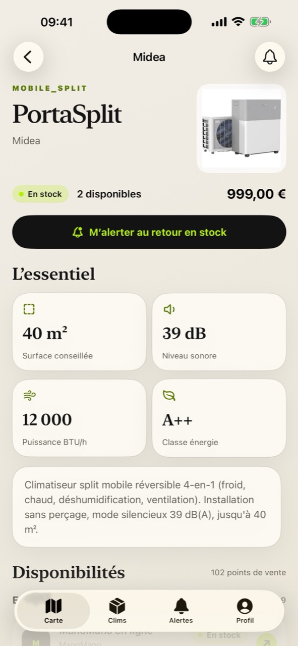 Fiche du climatiseur mobile Midea PortaSplit dans TrouverMaClim avec prix, disponibilité, surface, niveau sonore et classe énergie